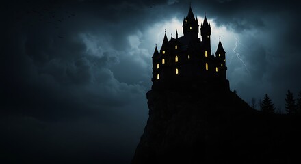 Castle Silhouette on Cliff During Storm with Lightning