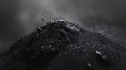Dark powder pile, particles airborne, studio shot, abstract background, design element