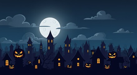 Halloween Night Spooky Town with Full Moon and Carved Pumpkins
