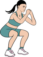 Hand drawn illustration of fitness training woman. Physical exercises gym session working out, modern sport art, confident fit female, weightlifting bodybuilding muscles, young girl athletic.