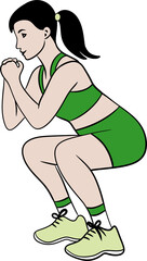 Hand drawn illustration of fitness training woman. Physical exercises gym session working out, modern sport art, confident fit female, weightlifting bodybuilding muscles, young girl athletic.