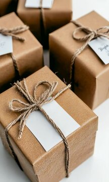 Brown gift boxes arrangement with twine bows for celebrations and events