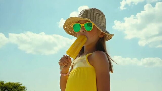 Happy Little Girl Enjoying a Yellow Popsicle on a Sunny Day