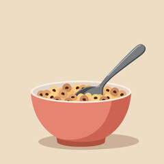 Bowl of breakfast cereal with spoon in minimalistic style vector illustration food concept 