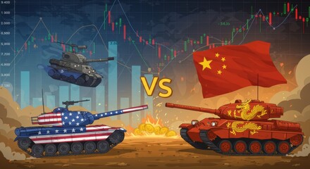 Obraz premium US vs. China: Economic Warfare & Military Tension Illustrated