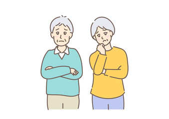 優しい色合いで描いた、困った表情の腕組みをするシニア夫婦