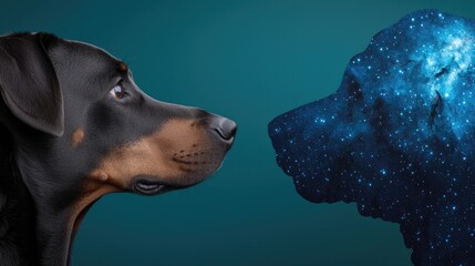 Dog,  Cosmic Companion.  Two dogs,  one earthly, one otherworldly, face each other.  The ethereal dog is filled with  starry patterns.  A profound connection  between the ordinary and extraordinary