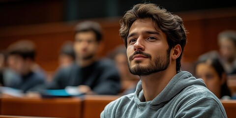 A man with a beard and a casual clothing is sitting in a classroom