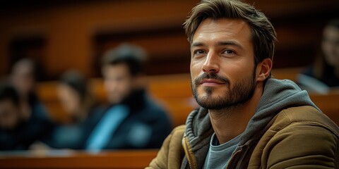 A man with a beard and a casual clothing is sitting in a classroom