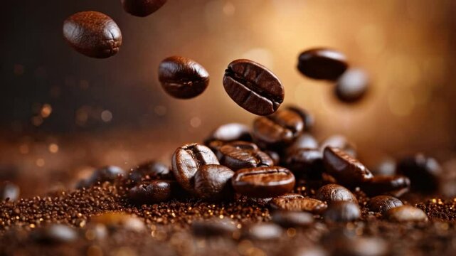 Aromatic Coffee Bean Cascade: A close-up view captures the essence of coffee, with roasted beans cascading over finely ground coffee, against a warm, inviting backdrop of natural light and bokeh. 