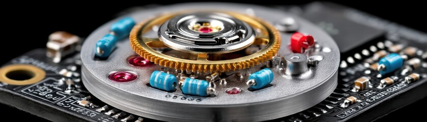 Close-up of a vintage clockwork mechanism integrated with modern electronics - modern timekeeping digital timepiece futuristic