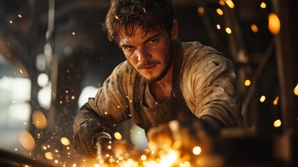 In a rustic workshop, a focused young blacksmith hammers heated metal, creating sparks as he skillfully shapes his work. The glowing metal reflects his intense dedication and craftsmanship.