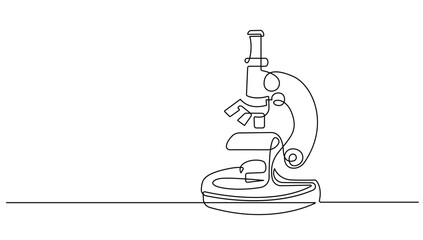 Microscope Continuous One Line Drawing. Science Concept Abstract Black and White Minimal Single Line Art Vector Illustration.