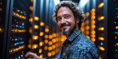 male cloud computing specialist in a data center, wearing a technical shirt