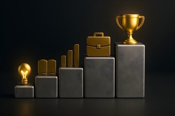 business growth success idea learning progress strategy briefcase achievement leadership trophy goal development innovation career planning future steps winning concept