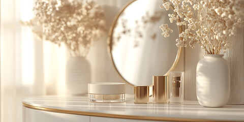 Sleek minimalist vanity with various beauty products and dried flowers creating a serene atmosphere