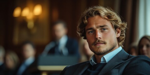 A man in a suit and tie sits in a courtroom
