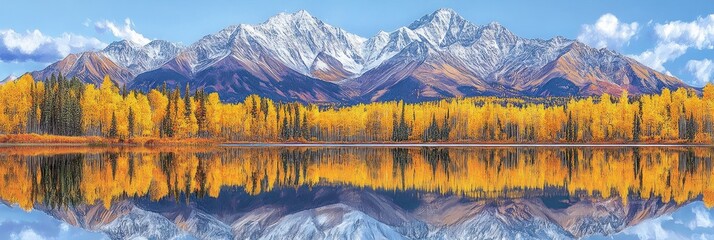 Golden autumn forest mirroring majestic mountains in a serene lake