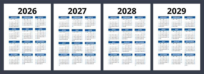 2026, 2027, 2028 and 2029 year calendar set. Color vector pocket calender design. January, February, March, April, May, June, July, August, September, October, November, December