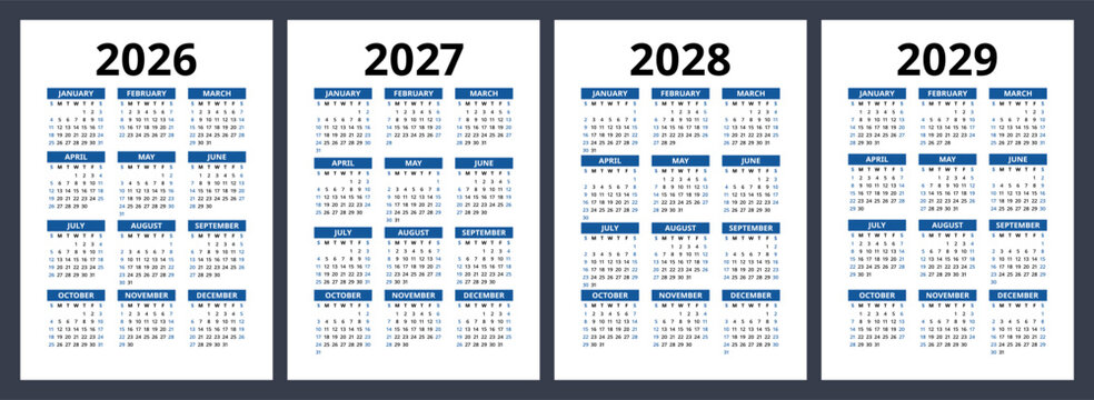 2026, 2027, 2028 and 2029 year calendar set. Color vector pocket calender design. January, February, March, April, May, June, July, August, September, October, November, December