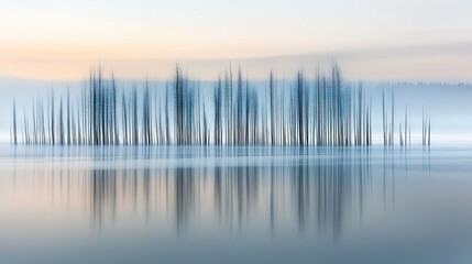 Fototapeta premium Trees reflected in a tranquil lake beneath a soft gradient sky