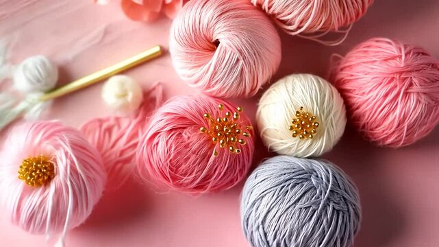 Pastel yarn balls, flowers, and craft tools on a pink surface