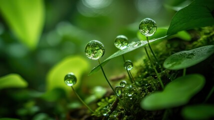 Delicate water droplets adorn lush green foliage in a verdant environment