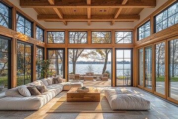 Naklejka premium Elegant wood-framed sunroom with large windows, cozy seating, and views of Lake St. Clair in Toronto.