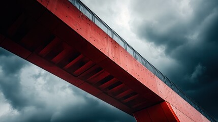 A low angle view of a red bridge and cloudy sky