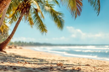 Palm Tree on Sandy Beach with Blue Sky