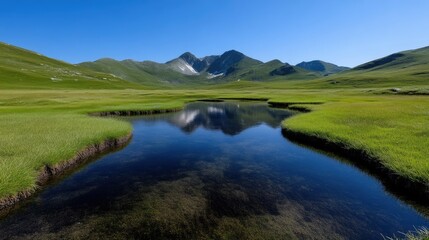 Serene alpine meadow with a placid lake reflecting the mountains.  Tranquil landscape