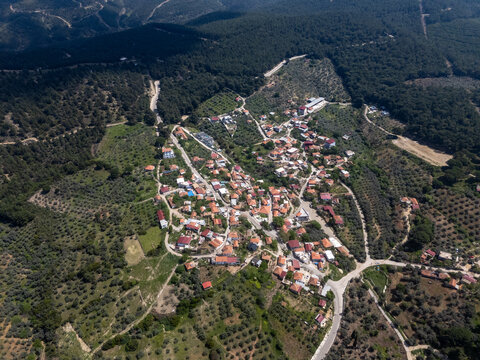 Aerial view of a charming village nestled in the picturesque landscape of Torbali, Izmir, Turkey