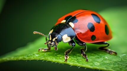 Fototapeta premium Close-up view of a vibrant ladybug on a leaf.