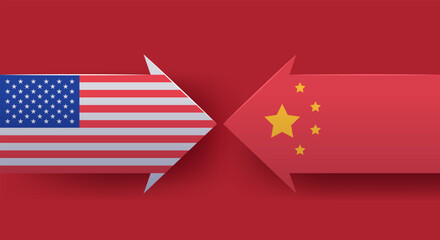 USA China trade war conflict arrows flags confrontation red background banner