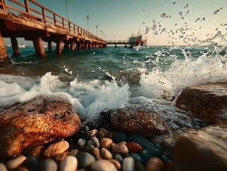 Waves Crashing on Pier Rocks