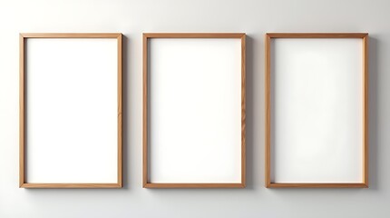 Three vertical wooden photo frames hanging on a wall, each with a clean white background, arranged in a minimalist style. Ideal for showcasing memories, art prints