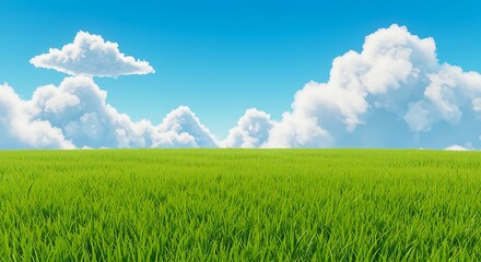 Obraz premium Green Grass Field and Cloudy Blue Sky Peaceful Outdoor Scene