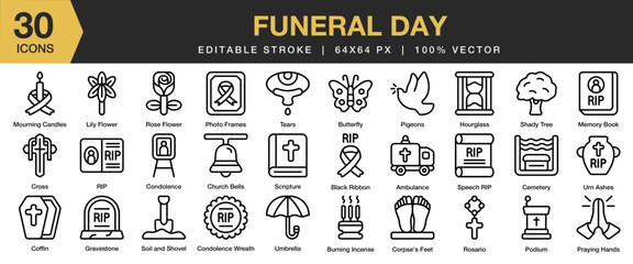 Funeral Day icon set. Editable Stroke Icon Collection. Includes funeral, mourning, burial, cemetery, flower, death, and More. Outline icons vector collection.