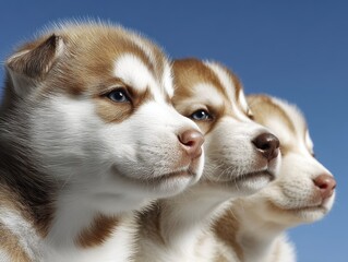 Fototapeta premium A group of husky puppies curiously watch clouds drift by - litter group fluffy
