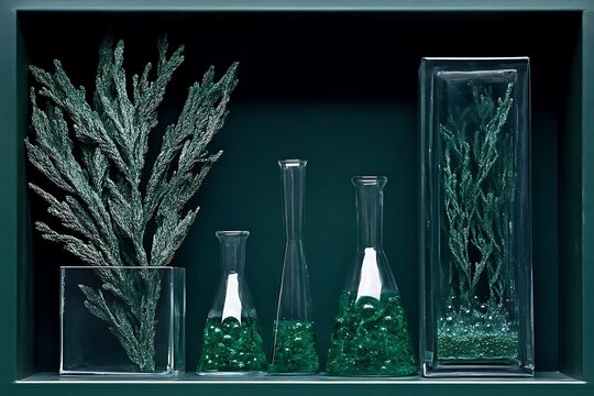 Framed still life arrangement of glass containers and greenery. - Powered by Adobe