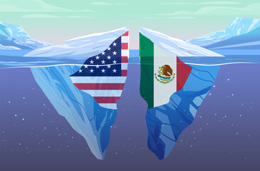 USA Mexico trade war tariffs war iceberg conflict concept divided icebergs with national flags underwater confrontation blue background