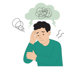 Stressed man suffering from anxiety and overthinking flat vector illustration. Sad male character with mental health issues and tangled thoughts. 