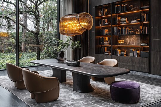 Elegant dining table with dark gray wooden top, metal legs, leather armchairs, bookshelves, gold chandelier, and a vibrant purple ottoman.