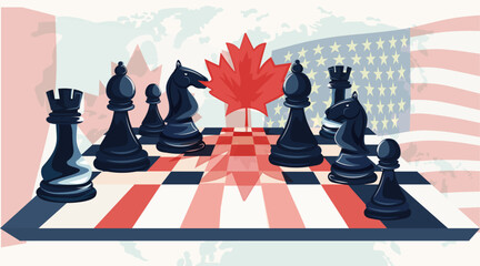 Naklejka premium Chess pieces trade war Canada United States tariffs conflict chessboard with national flags maple leaf strategy economic dispute banner