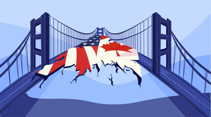 Trade war USA Canada tariffs war broken bridge concept damaged road with American and Canadian flags conflict economic relations disruption blue background