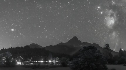 Serene nightscape: Dwellings nestled beneath a sky ablaze with celestial light