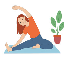 Young woman doing home yoga stretch exercise – flat vector illustration. Girl practicing yoga and flexibility workout on mat at home.