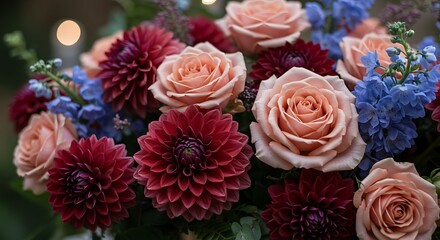 Floral Arrangement with Roses and Dahlias Close-up