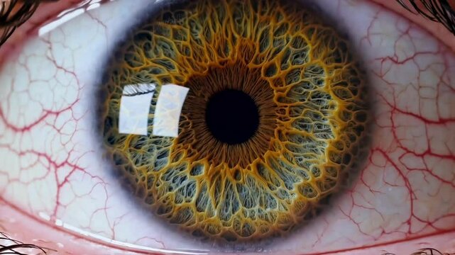 Close-up view of a human eye with a vivid amber and blue iris pattern. Heterochromia eye structure and texture. Concept of vision, health, and identity
