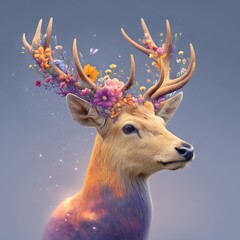 A majestic deer adorned with flowers and colors.